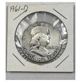 1961-D Franklin Silver Half, 50c US Coin, 90%
