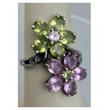 925 Silver Pink & Topaz & Peridot Flower Bypass Ri