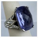 925 Silver Large Faceted Lavender Glass & CZ Ring
