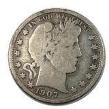 1907-S Barber Silver Half Dollar, 50c US, 90%