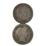 (2) 1914, 1914-D Barber Silver Dimes, 10c US, 90%