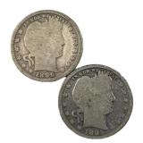 (2) 1895, 1896 Barber Silver Quarters, 25c, 90%