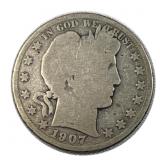 1907-O Barber Silver Half Dollar, 50c US, 90%