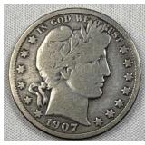 1907 Barber Silver Half Dollar, 50c US, 90%