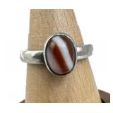 925 Silver Oval Red & White Banded Agate Ring
