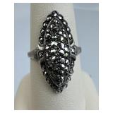925 Silver Vintage Elongated Marcasite Navette Rin