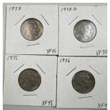(4) 1935-38 Buffalo Nickels VF-XF, Incl 1938-D