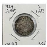 1924 Latvia 1 Lats .835 Silver, VF-XF Toned