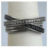 925 Silver Black & White Diamond Crossover Ring
