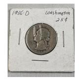 1936-D Washington Quarter, US 25c Coin, 90%