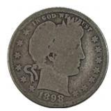 1898 Barber Quarter, US 25c Coin, 90%