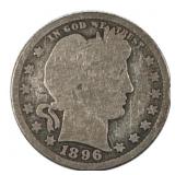 1896 Barber Quarter, US 25c Coin, 90%
