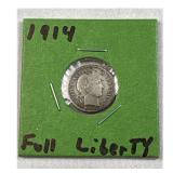 1914 Barber Dime, US 10c Coin, 90%