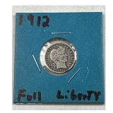 1912 Barber Dime, US 10c Coin, 90%