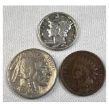 1944 Merc Dime, 1937 Buffalo & 1906 Indian Cent