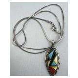925 Silver Mosaic MOP Turquoise Coral Pendant Neck