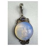 925 Silver Vtg SAJEN Carved Moon Goddess Face Pend