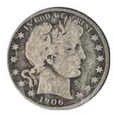 1906-D Barber Half Dollar, US 50c Coin, 90%