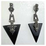 925 Silver Art Deco Black Onyx Marcasite Drop Earr