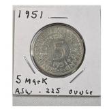 1951 Germany 5 Mark .625 Silver