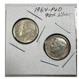 (2) 1964-P,D Roosevelt Dimes, 90% Silver