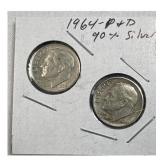 (2) 1964-P,D Roosevelt Dimes, 90% Silver