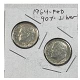 (2) 1964-P,D Roosevelt Dimes, 90% Silver
