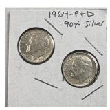 (2) 1964-P,D Roosevelt Dimes, 90% Silver