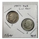 (2) 1947-P,D Roosevelt Dimes, 90% Silver