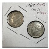 (2) 1962-P,D Roosevelt Dimes, 90% Silver