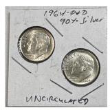 (2) 1964-P,D Roosevelt Dimes, 90% Silver BU