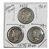 1935, 1936, 1937 Mercury Dimes, 90% Silver