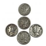 (5) 1940-44 Mercury Silver Dimes, US 90%