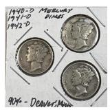 1940-D, 1941-D, 1942-D Mercury Dimes, Silver