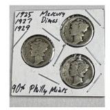 1925, 1927, 1929 Mercury Dimes, 90% Silver