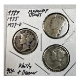 1919, 1935, 1939-D Mercury Dimes, 90% Silver