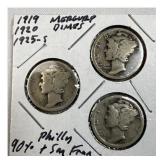 1919, 1920, 1925-S Mercury Dimes, 90% Silver