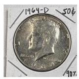 1964-D Kennedy Half Dollar, 90% Silver