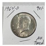 1964-D Kennedy Half Dollar, 90% Silver, AU Toned