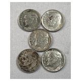 (5) 1954-64 Roosevelt Dimes, 90% Silver