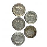 (5) 1959-64 Roosevelt Dimes, 90% Silver