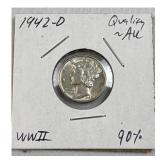 1942-D Mercury Dime, 90% Silver, AU