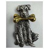 925 Silver Sitting Dog & Gold Tone Bone Brooch