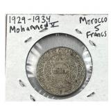 1929-34 Morocco 5 Francs .680 Silver Coin