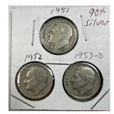 (3) 1951, 1952, 1953-D Roosevelt Dimes, 90%
