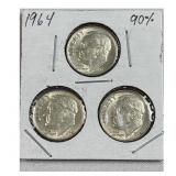 (3) 1964 Roosevelt Dimes, 90% Silver