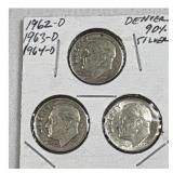 (3) 1962-D, 1963-D, 1964-D Roosevelt Dimes