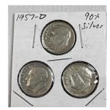 (3) 1957-D Roosevelt Dimes, 90% Silver