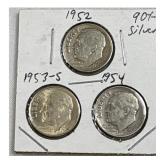 (3) 1952, 1953-S, 1954 Roosevelt Dimes, 90%
