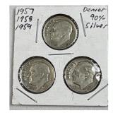 (3) 1957-D, 1958-D, 1959-D Roosevelt Dimes